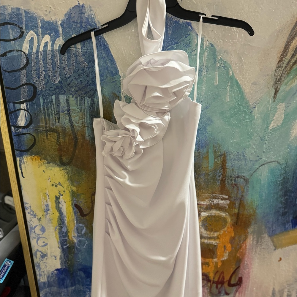 Gianni Bini White Asymmetrical Ruched Midi Dress